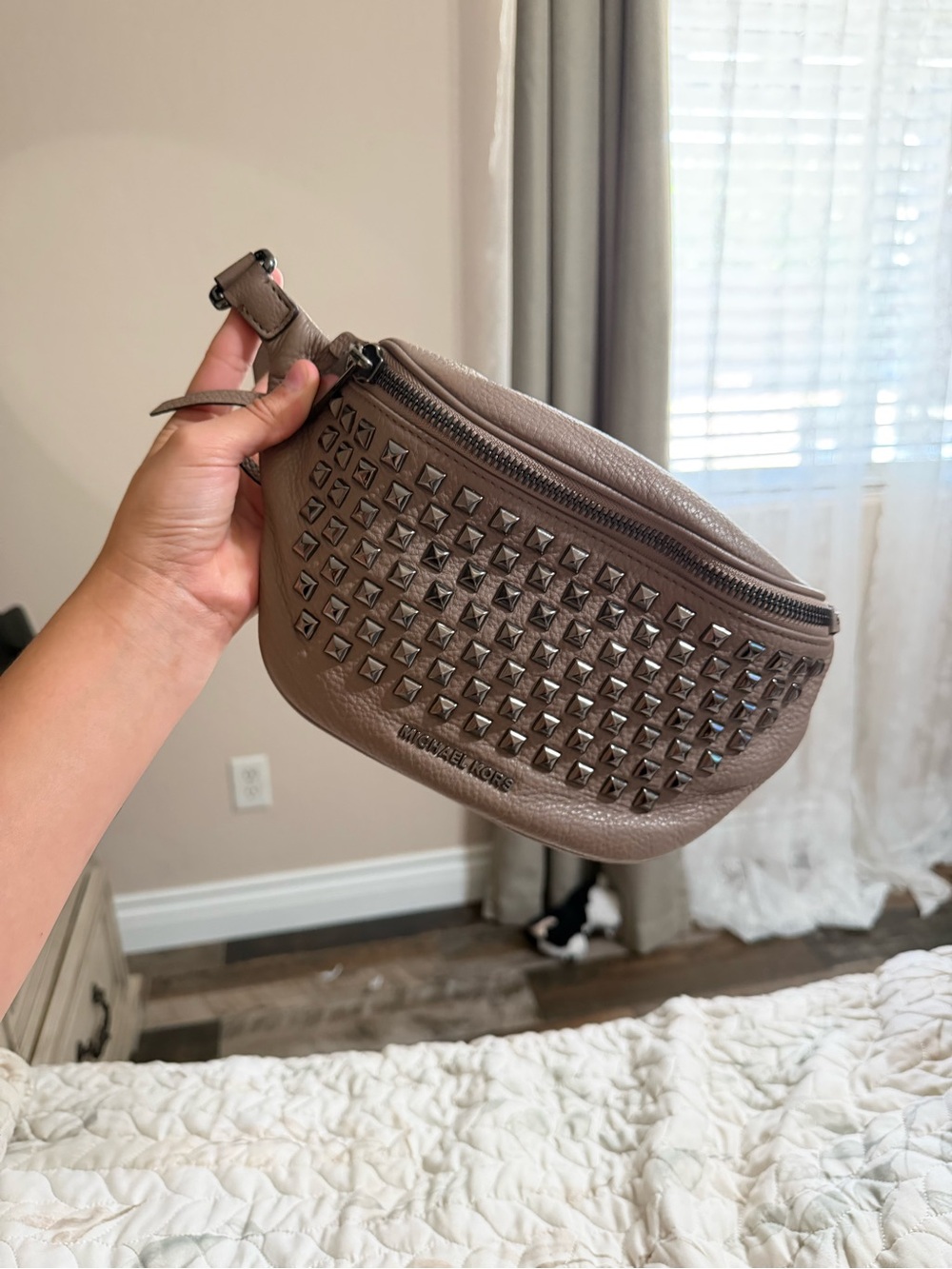 Michael Kors Taupe Studded Leather Mini Belt Bag